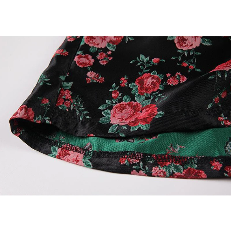 

2021 Summer New Fashion Vintage Mini Dress For Women Red Rose Print Sleeveless Draped High Waist Retro Elegant Female Dresses