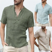 mens flax linen t shirt summer casual v neck button t shirts slim fit cotton linen short sleeve basic top male breathable tees