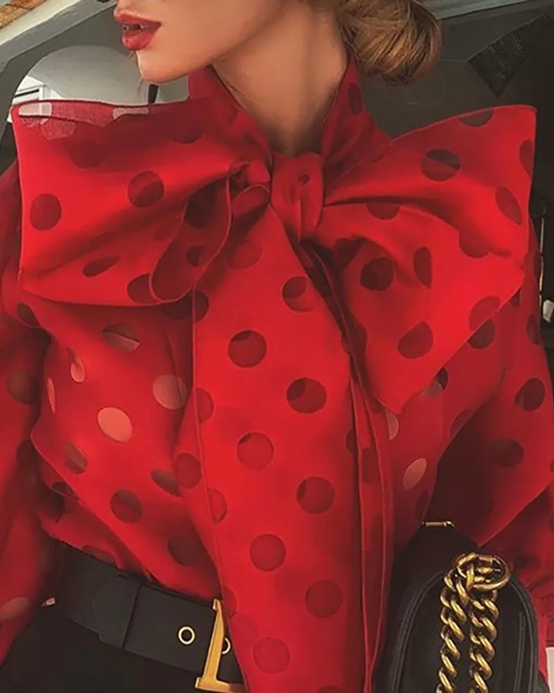 Осенне зимняя женская блузка в горошек с рукавами фонариками и бантом|Блузки| |