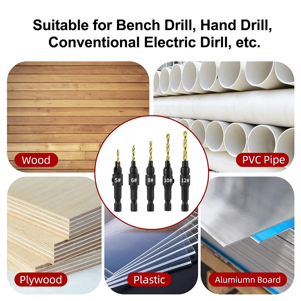 Набор сверл с зенковкой по дереву Максимальный крутящий момент 5 шт. Регулируемая