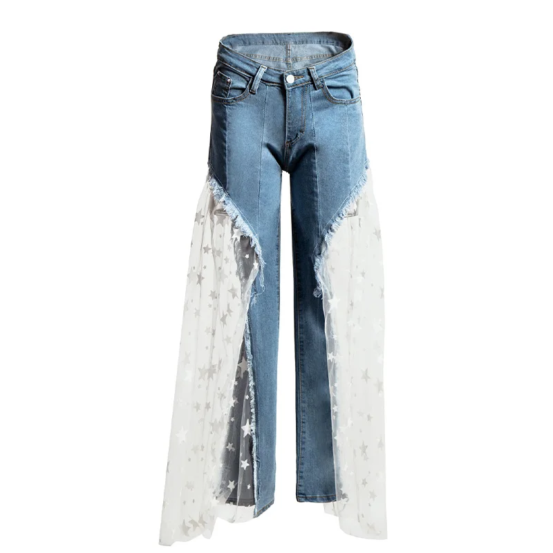 

Women's high waisted jeans mesh splicing, Lace loose wide leg pants Streetwear, Sexy denim bule Pants