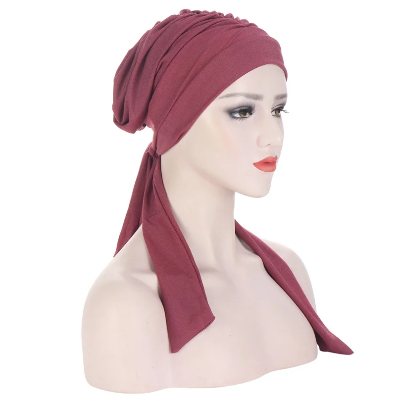 

Muslim Women Stretch Solid Wrinkle Turban Hat Skullies Beanie Cancer Chemo Pre-Tied Bandana Scarf Headwear Hair Loss Accessories