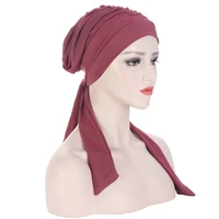 muslim women stretch solid wrinkle turban hat skullies beanie cancer chemo pre tied bandana scarf headwear hair loss accessories