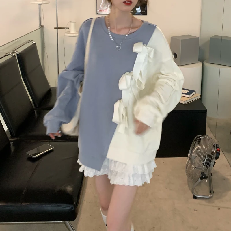 Свитшот Ezgaga с бантом для женщин милый пуловер круглым вырезом и длинным рукавом