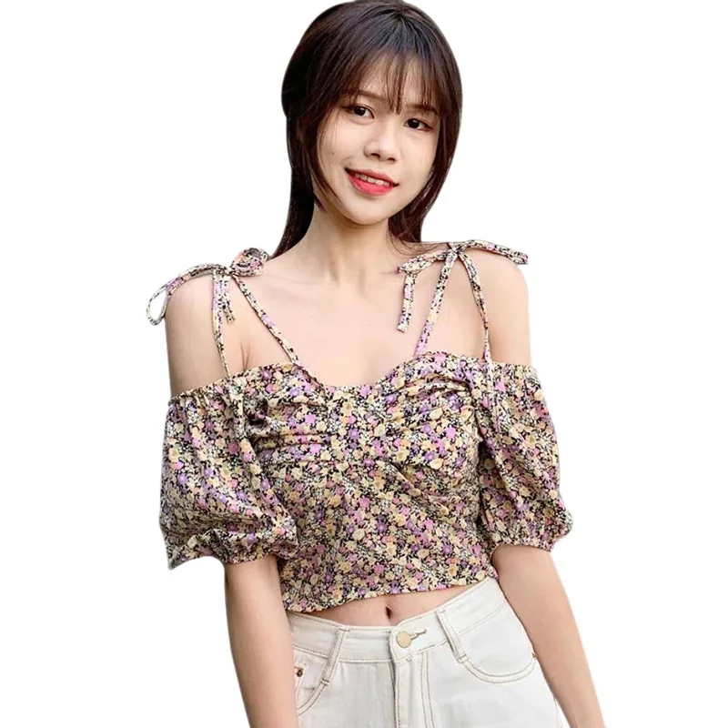 

Korean Fashion Women's Sweet Floral Print Chiffon Shirts Sexy Off Shoulder Short Sleeve Blouses,