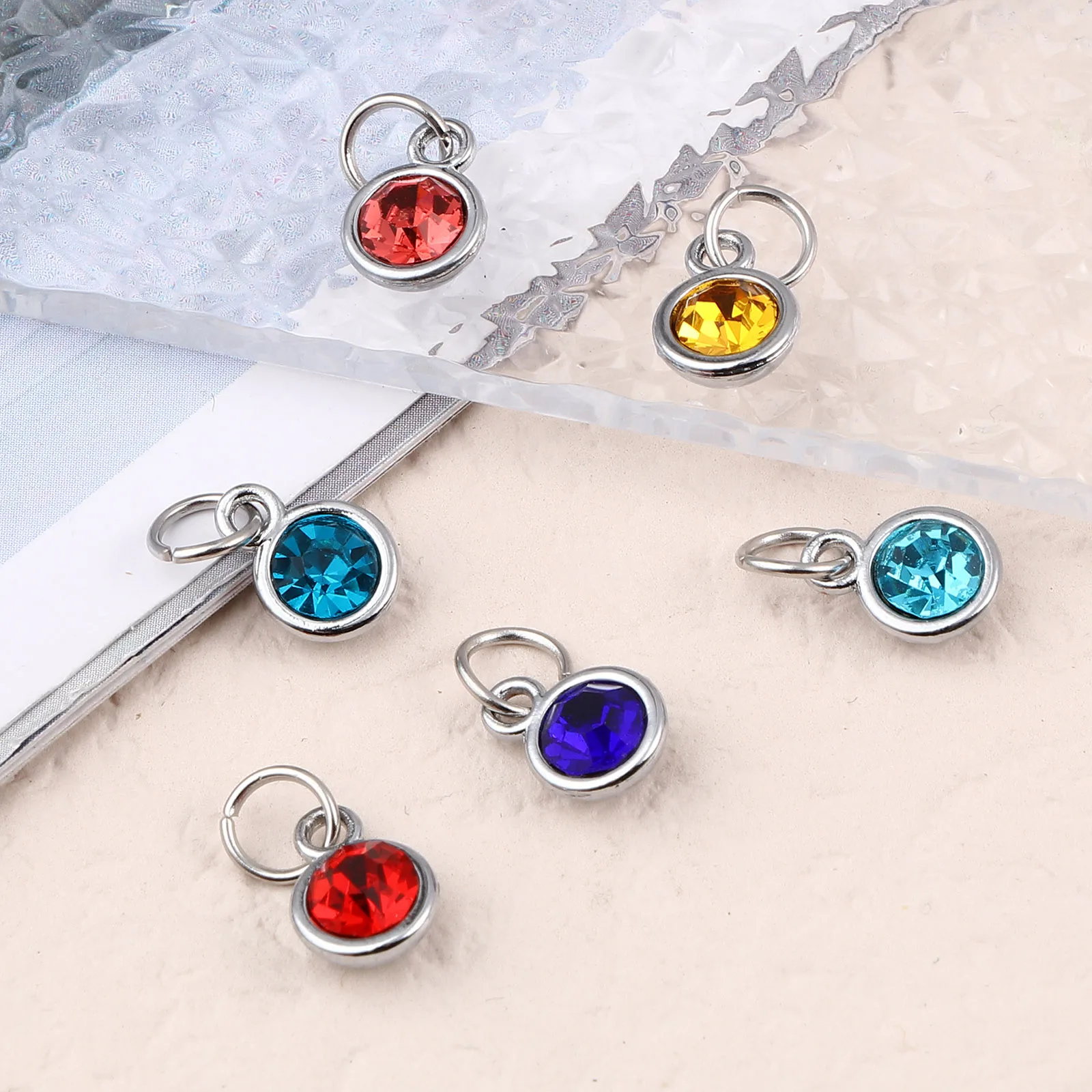 

10 PCs Glass Birthstone Charms Pendants Multicolor round Pendants Round Silver Color with Zinc Ring for DIY Necklace 14mm x 7mm