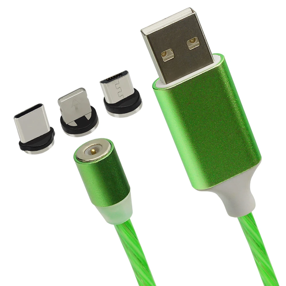 Green For 3Plug Магнитный светодиодный кабель CHAURE для зарядки mi cro, зарядный usb-кабель для Xiao mi huawei, зарядный кабель для быстрой зарядки T-C, usb-кабель - Цвет: Green For 3Plug