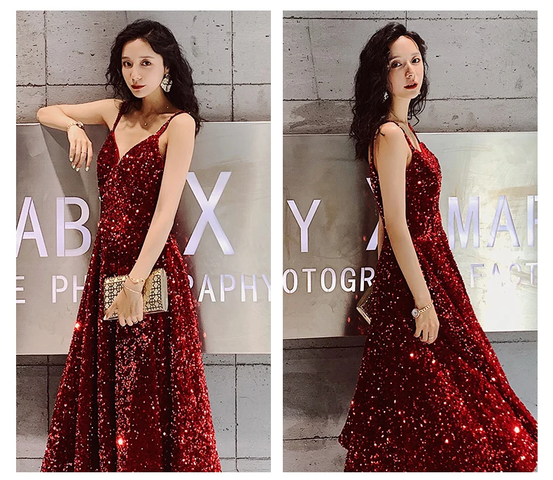 AE552 Prom Dresses Long New V-Neck Sleeveless A-line Sequined Wedding Guest Gowns Vestido De Gala