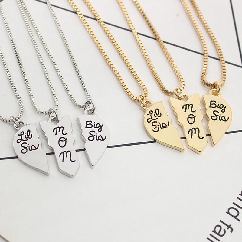3pcs/set Lettering Necklace&quotLittle Sis MOM Big Sis&quot Love Heart Pendant Mother Daughters Kids Birthday Family Special Gift 369667 |