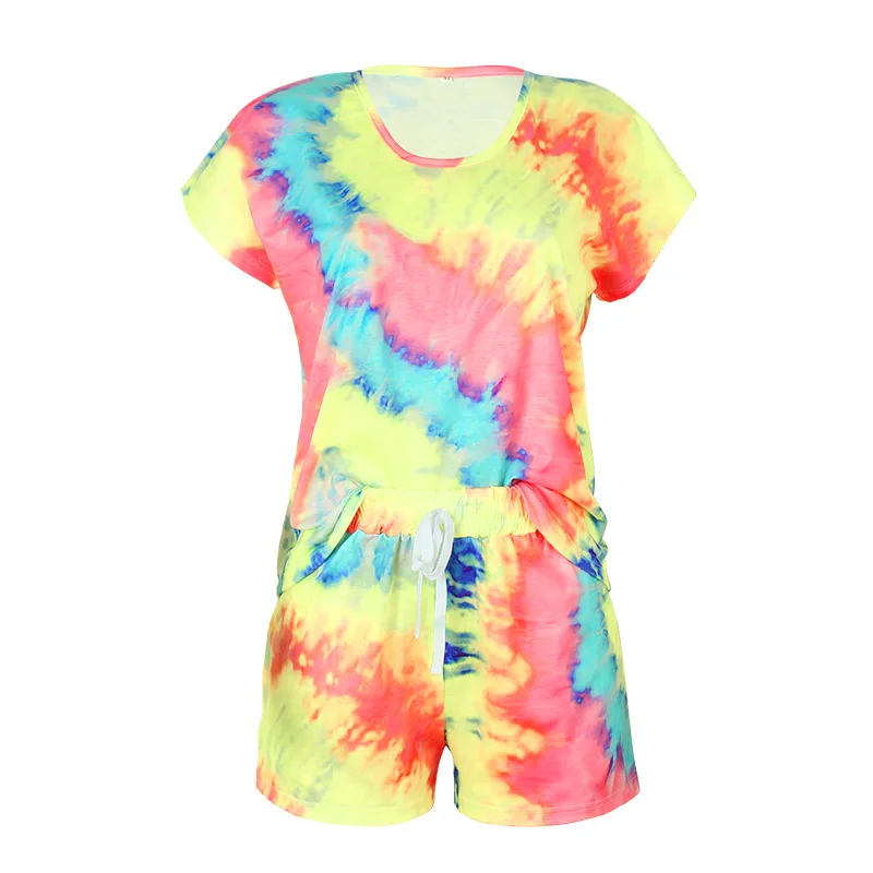

Donsignet Fashion Women's Suit New Hot Sale Casual Round Neck Pullover Tie-dye Printing Home Short-sleeved Shorts Two-piece Suit