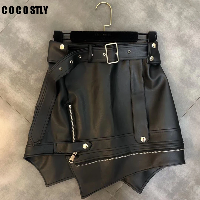 Ассиметричные женские юбки из искусственной кожи с высокой талией и поясом мини