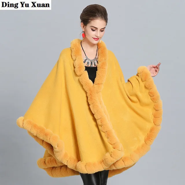 

Winter Yellow Cape Women Faux Fox Fur Poncho Womens Loose V-neck Ponchos Capes Loose Cardigan Plus Size Warm Shawl Cloak Coat
