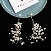 2021 summer new fresh earrings fashion white round beads tassel earrings temperament ear clips without pierced female