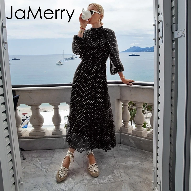 JaMerry, винтажное, Осеннее, женское, вечерние, длинное, макси платье, элегантное, рукав-фонарик, в горошек, с принтом, платья для отдыха, пляжный стиль, платья