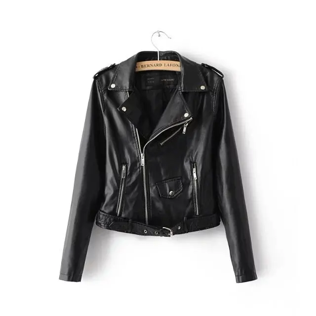

Lugentolo Women Leather Jacket Fashion Lapel Waist Waist Candy Color Locomotive PU Zipper Epaulet Adjustable Waist Streetwear