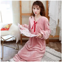 ladies flannel long sleeve comfortable and warm nightdress fall and winter loose coral fleece mid length one piece nightdress