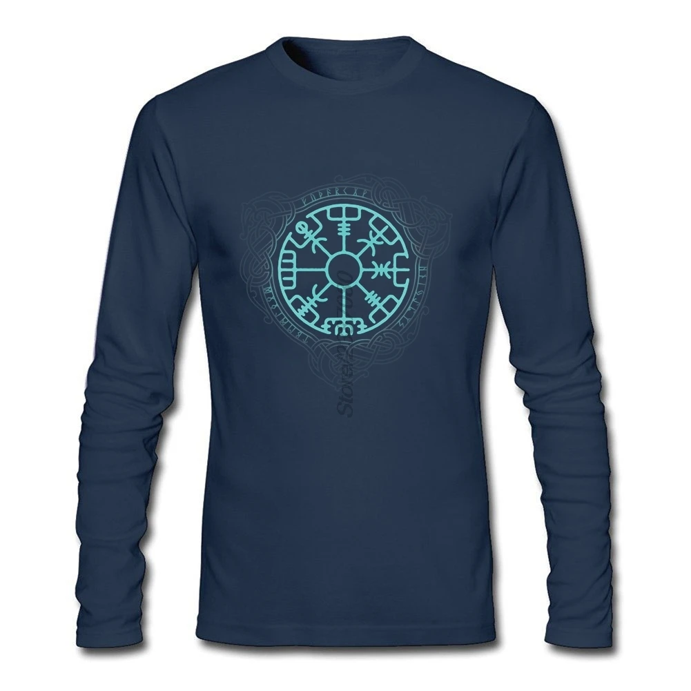 Викинги Футболка хлопок с длинным рукавом Пользовательские Vegvisir Мужская футболка Pop Crazy мужские рубашки - Цвет: Navy