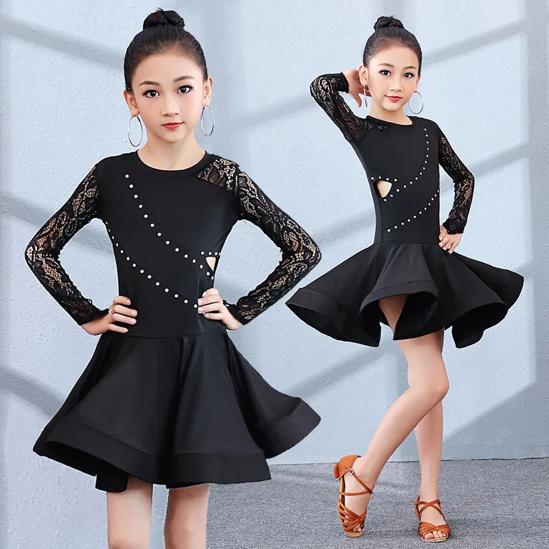 

New Children Latin Dance Dress Long Sleeve Lace Patchwork Black Latin Dance Dress Competition Ballroom Cha Cha Rumba Samba Dress