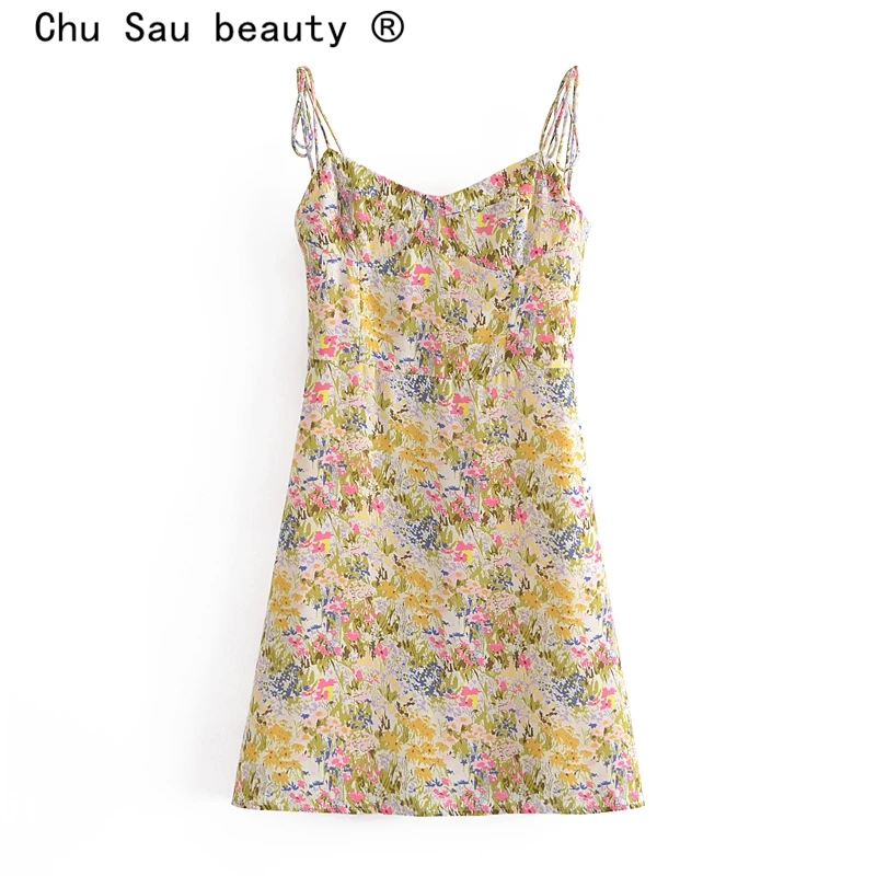 

New Fashion Sweet Chic Vintage Floral Printed Mini Dress Women Summer Casual Style V-neck Sexy Backless Sling Dresses Female