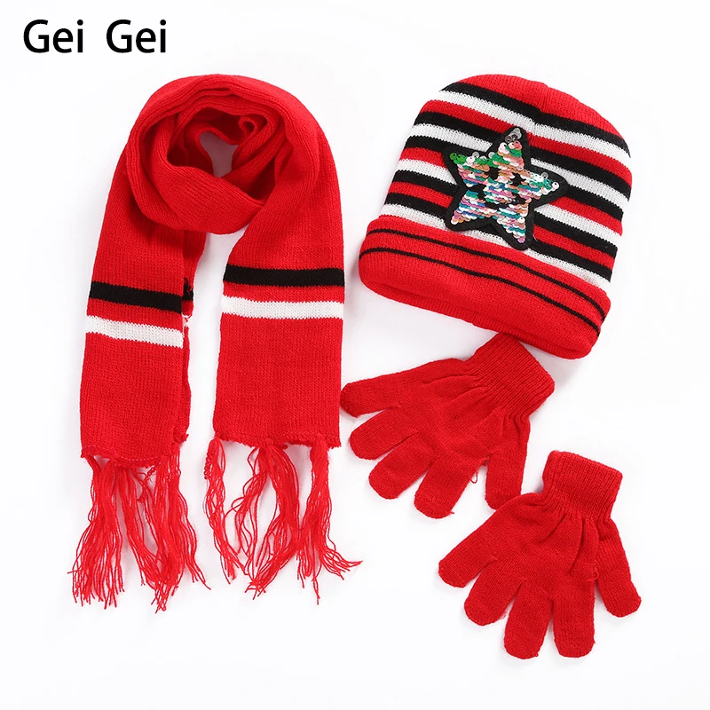 Детская шапка с блестками и пятиконечной звездой шарф перчатки 3 предмета Осень