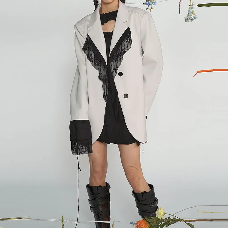 XITAO Mesh Blazer Fashion New Women Full Sleeve Patchwork Single Breast Lace 2021 Spring Autumn Elegant Loose Coat ZY5418