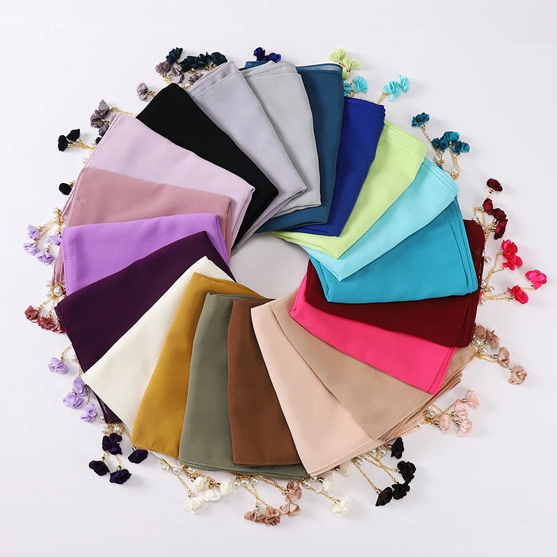 Flower Pendant Hijab Chiffon Plain Women Solid Scarf Pearl Shawls Wraps Headband Islamic Headscarf Foulard