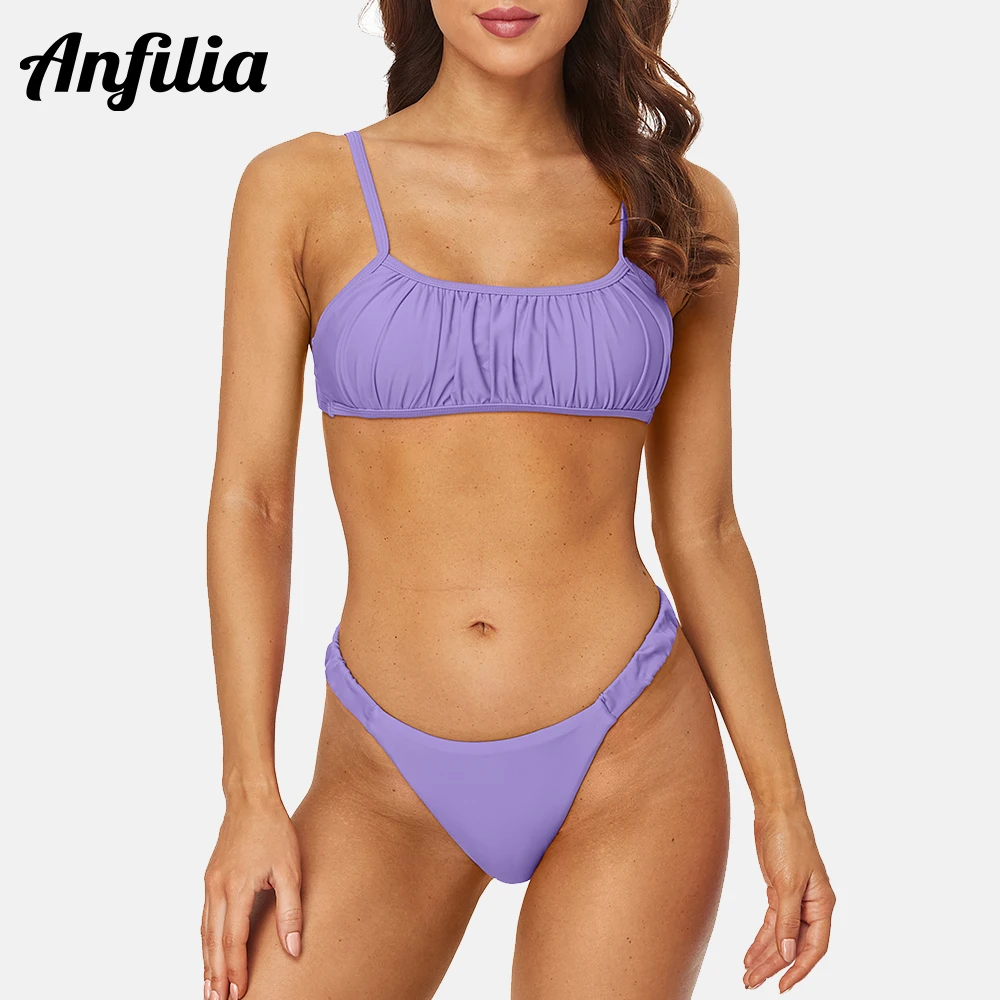 

Anfilia Womens 2 Piece Swimsuit Cami Bikini Top Thong Bikini Bottom Square Neck High Cut Bathing Suits Solid Swimwear