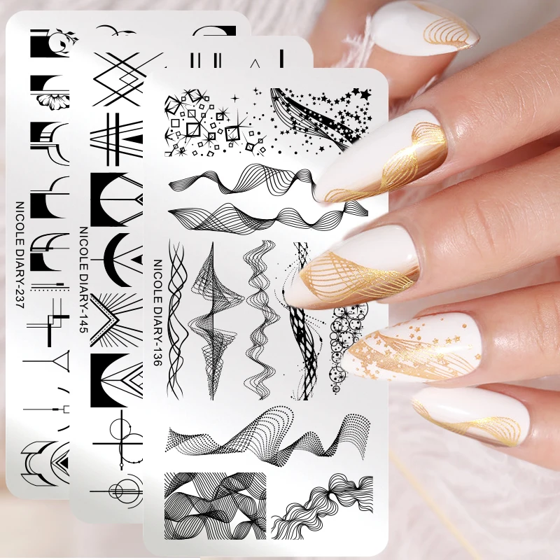 

Трафареты NICOLE DIARY для стемпинга ногтей, абстрактные, с геометрическими линиями, с изображением листьев, цветов, для творчества, для ногтей