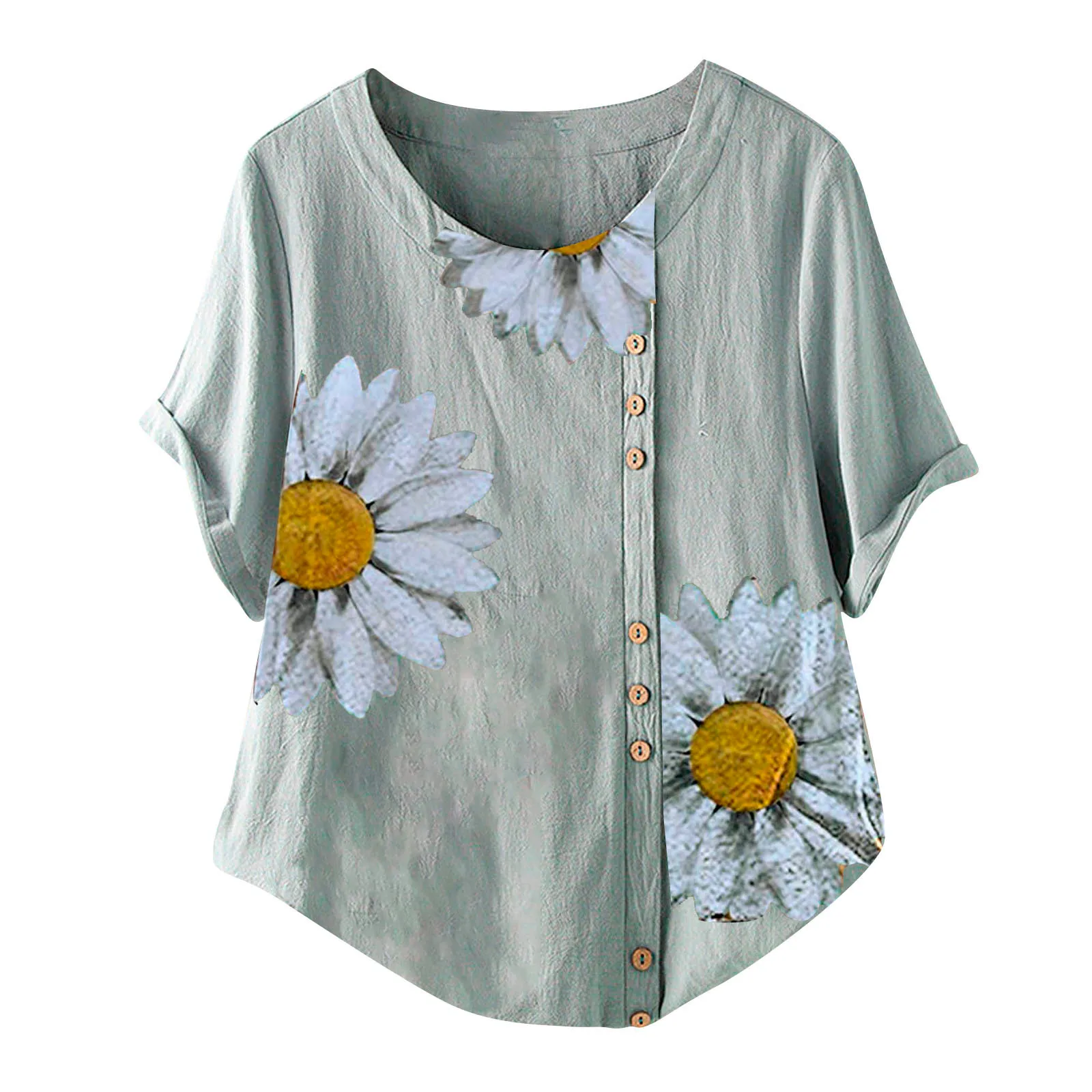 

Fashion Women's Cotton Linen Shirts Tank Tops Round Collar Casual Loose Short Sleeve Blouse Female Shirt Summer Women Clothing