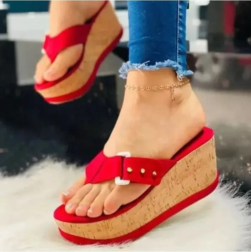 

Summer Muffin Thick Bottom Slope Heel Antiskid Beach Shoes Seaside Cool Slipper Clip Foot High Heel Flip Flop