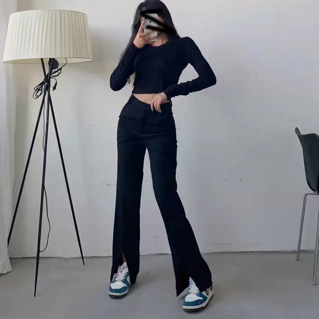 

Flared pants women's trousers front slit straight leg ladies Korean style clothes streetwear black flared pants 2021