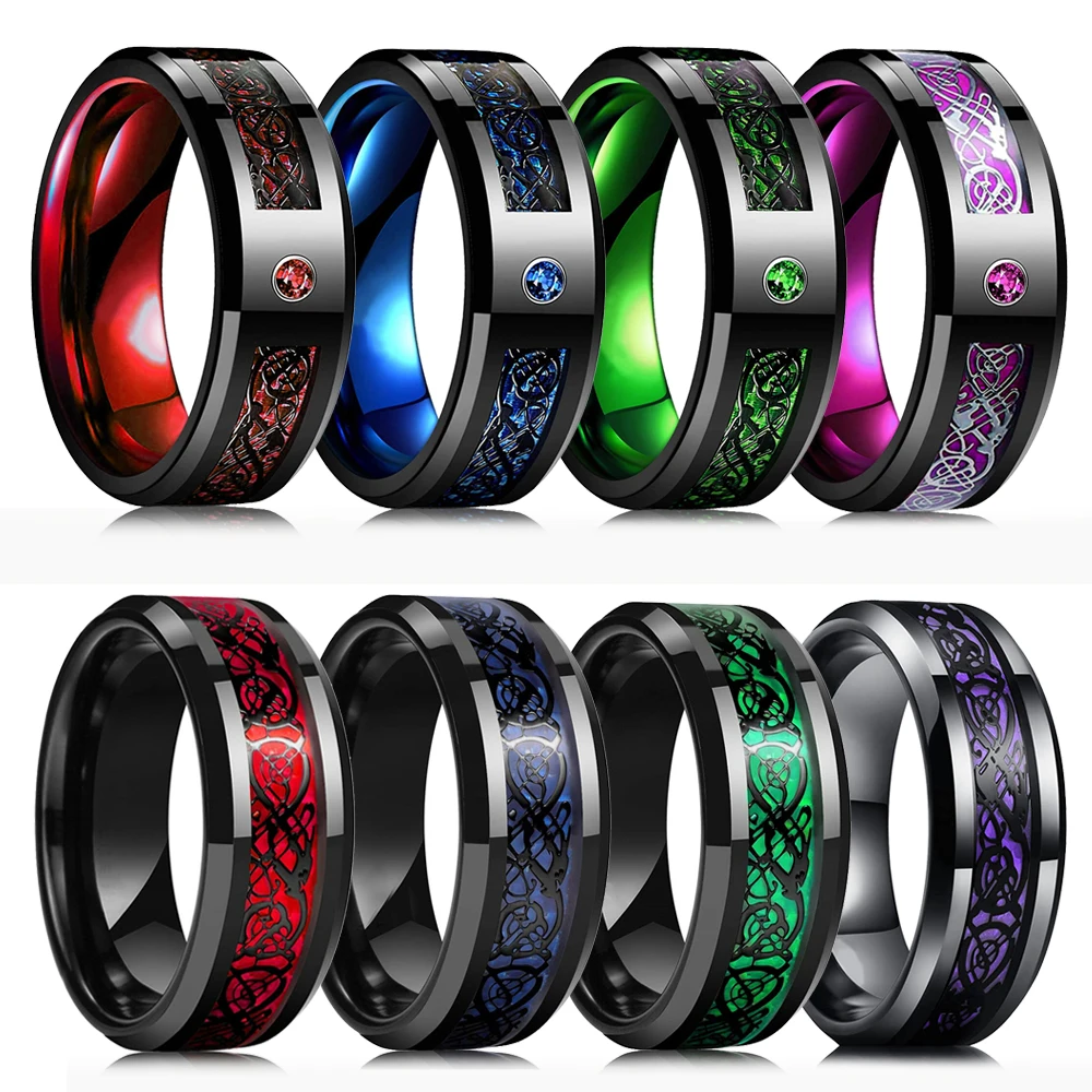 

Fashion Men's 8mm Black Tungsten Wedding Celtic Dragon Rings Inlaid Blue Zircon Stainless Steel Red Carbon Fibre Ring For Men