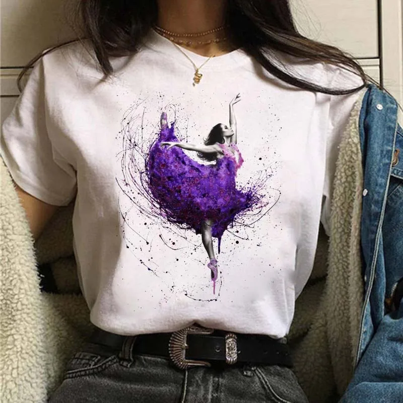 

Maycaur Summer Watercolor Ballet Dancer Printed Women T Shirt Vogue Dance Lover Female Tee Shirt Casual Plus Size Tops Clothes