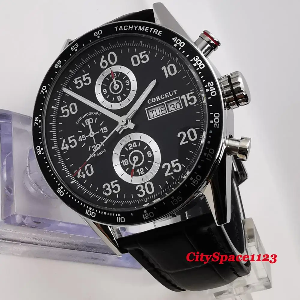 44 мм Corgeut минеральное стекло кожаный ремешок 24 часа Авто Отображение Даты Недели