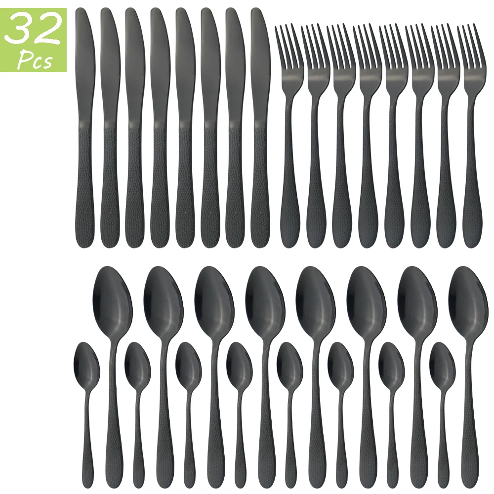 

32Pcs Black Dinnerware Cutlery Set Knives Fork Coffee Spoon Flatware Tableware Stainless Steel Dinner Set Kitchen Silverware Set