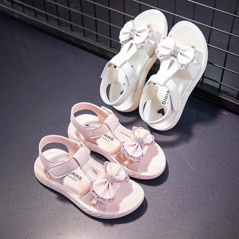 

Summer Fashion Pink Sandals Shoes for Kids Girls Bowknot Crystal Shiny Rhinestones Velcro White Shoes Soft Sole Girl Sandals