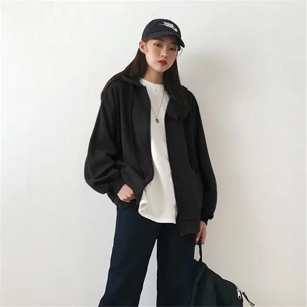 Pure Color Women's Zipper Hooded Sweatshirt Jacket Jacket Super Dalian Hood Pullover Sweatshirt Plus Size Solid Color Sweatshirt