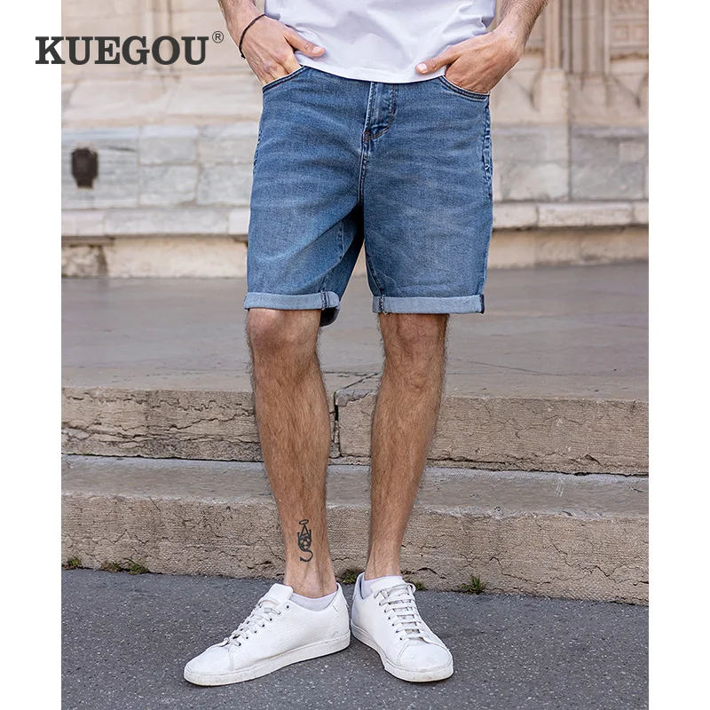 

KUEGOU Cotton Stretch Fashion Denim Shorts distressed Wash Wear Men's Jeans Shorts Summer Moustache Effect High Quality KK-3032