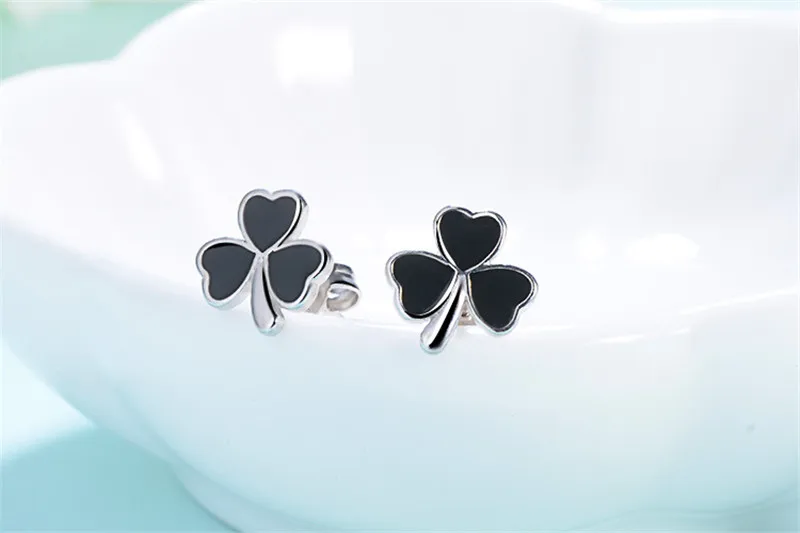 Женские серьги гвоздики из серебра 925 пробы с черным клевером|Серьги-гвоздики| |