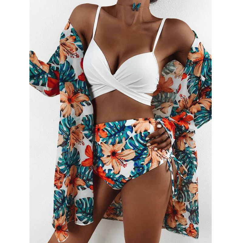 2021 New Sexy Three Pieces Bikini Set Cover Up Swimwear Women Swimsuit Print Long Sleeve Bathing Suit Beachwear Swimming