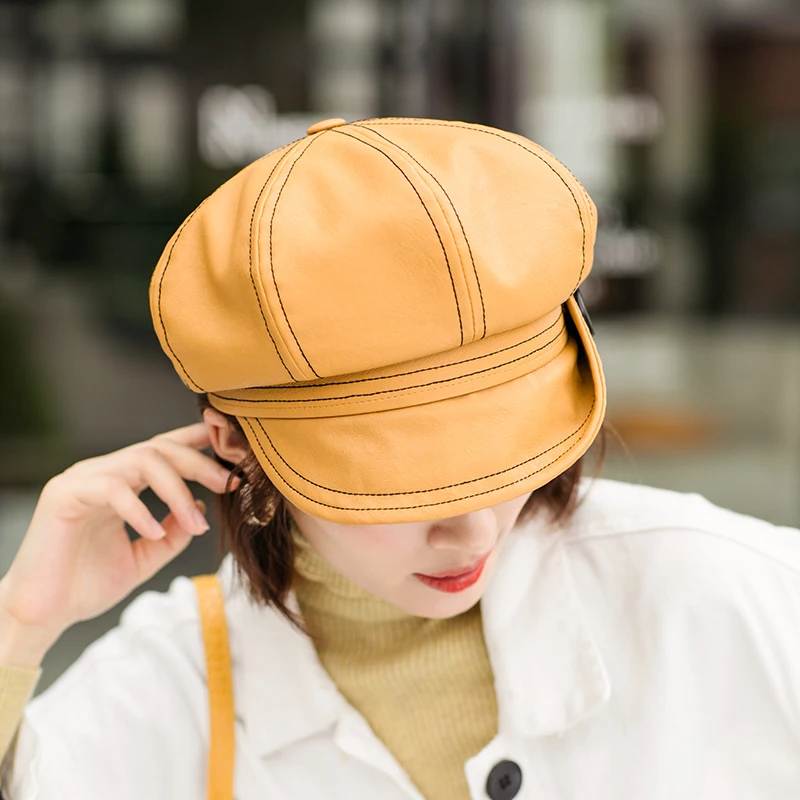 100% Pu Leather Beret Cap Octagonal Hat Female Autumn Winter Hats For Women Ladies Boina Feminina Gorras Bone Vintage England