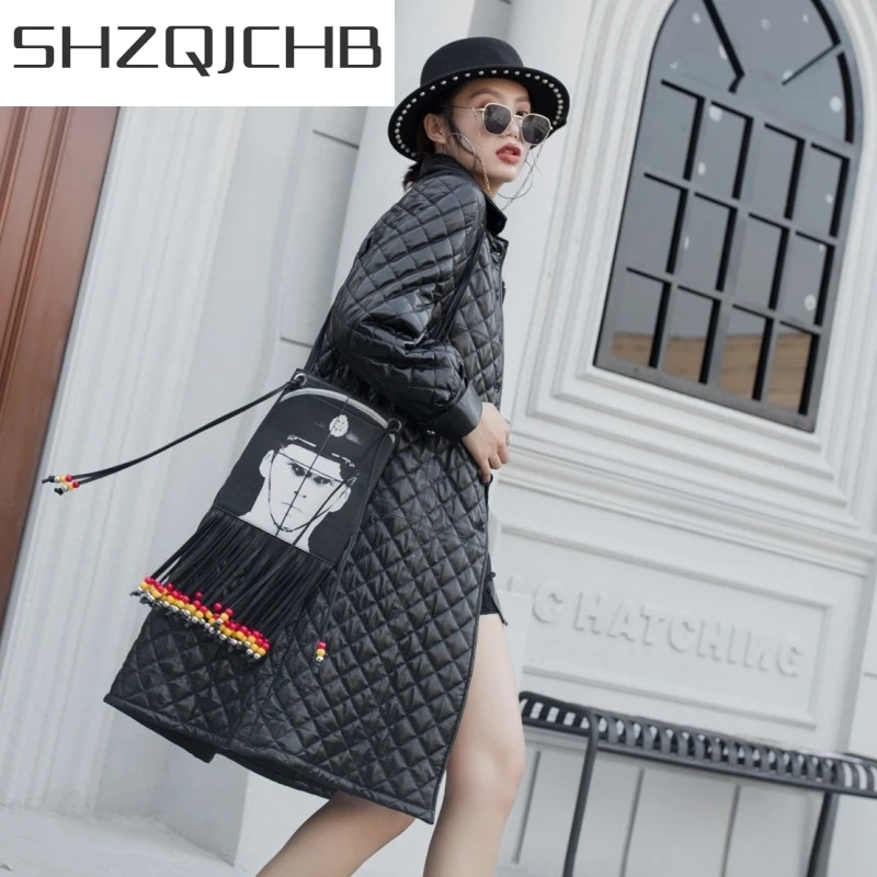 

JCHB 2021 Winter Women Long Sheepskin Trench Coat Slim Fit Rhombus Plaid Thick Warm Genuine Leather Jacket Windbreaker Outerwear