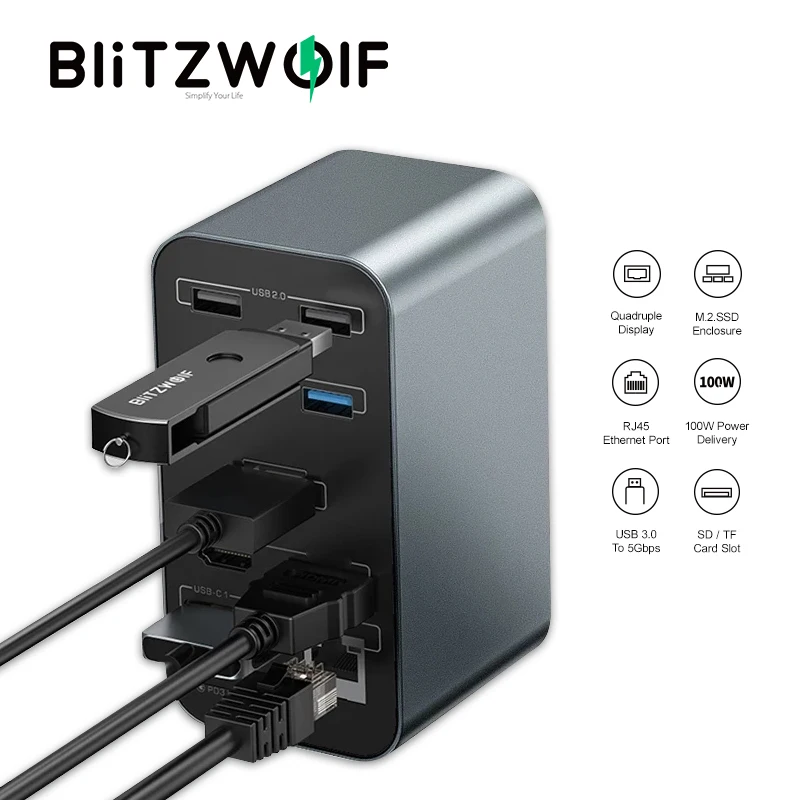 BlitzWolf BW-TH14 15-in-1 USB C Docking Station 100W Power with HD 4K Triple Display 5Gbps Data Transfer 1000Mbps Ethernet Port |