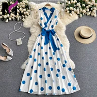merchall summer fashion runway elegant holiday dress women bow sashes sleeveless polka dot floral print vintage maxi robe m53110