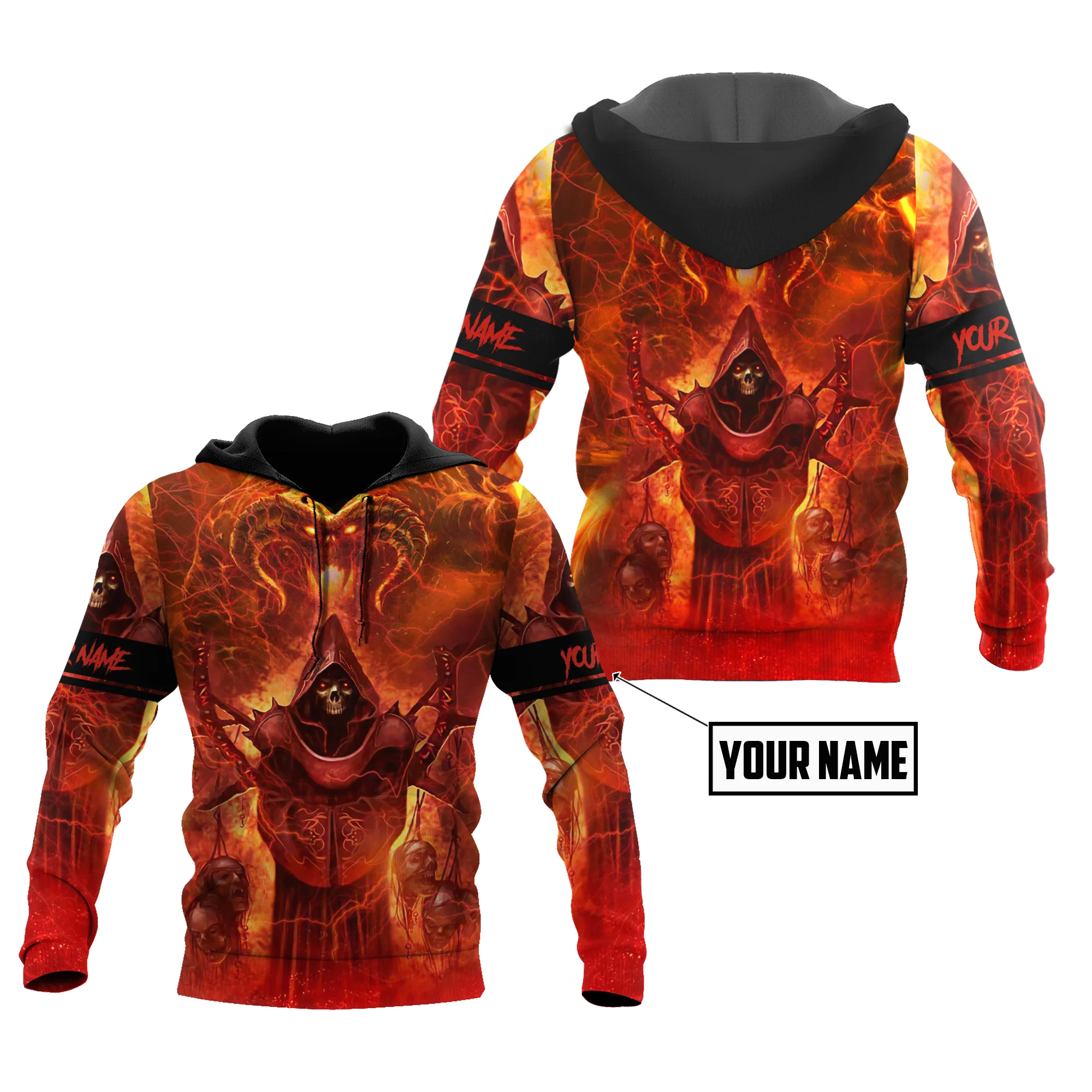 

Personalized Name Reaper Skull Fire 3D Printed Autumn Men Hoodies Unisex Casual Zip Pullover Streetwear sudadera hombre DW0477