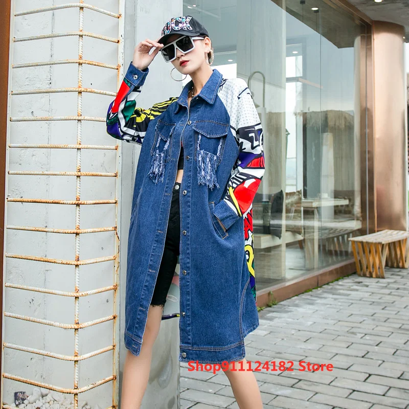 

Autumn Fashion Personality Tide Brand Large Size Medium and Long Coat Women's Wash Lapel Print Graffiti Stitching Denim Jacket