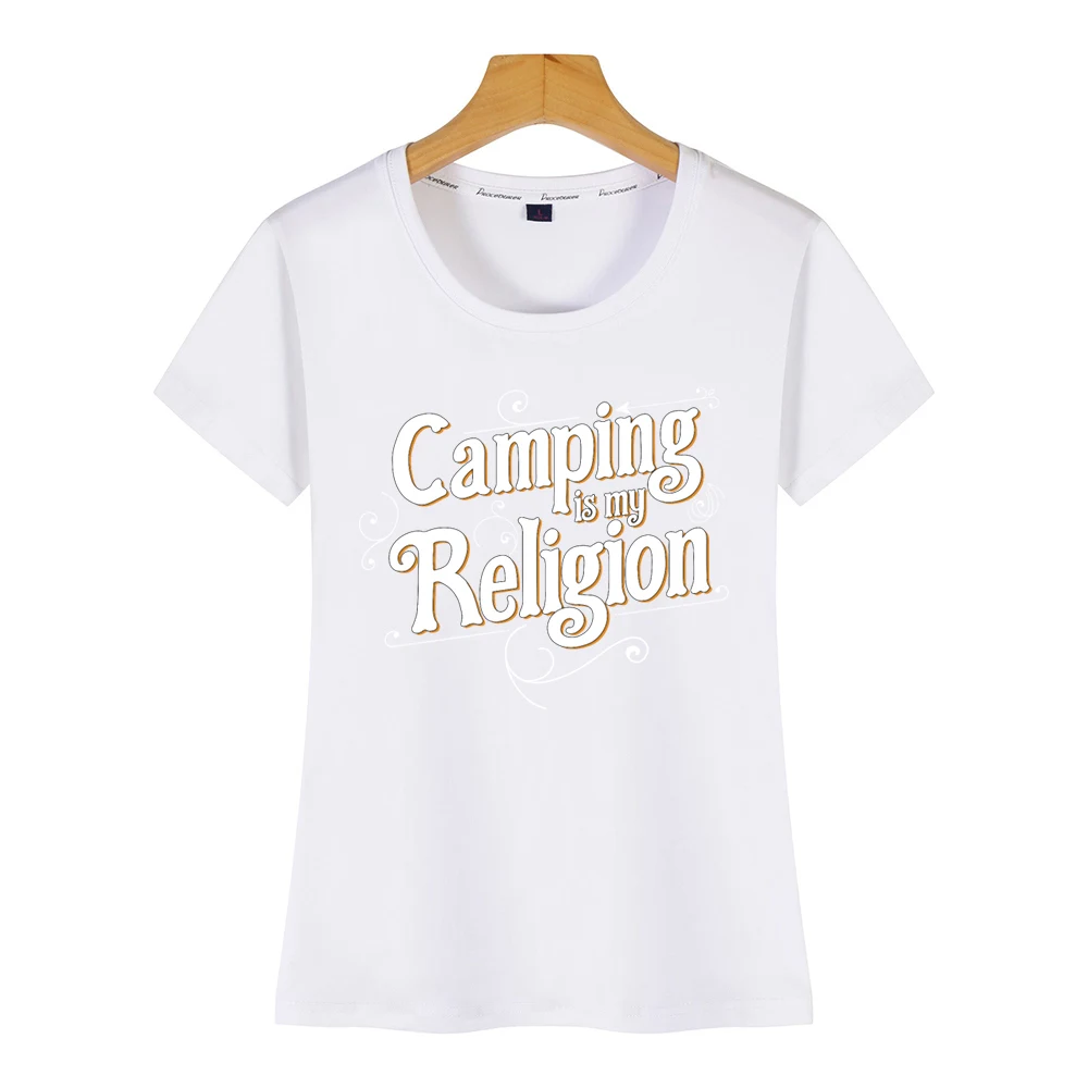 Женская футболка с надписью camping is my religion белая короткая | одежда