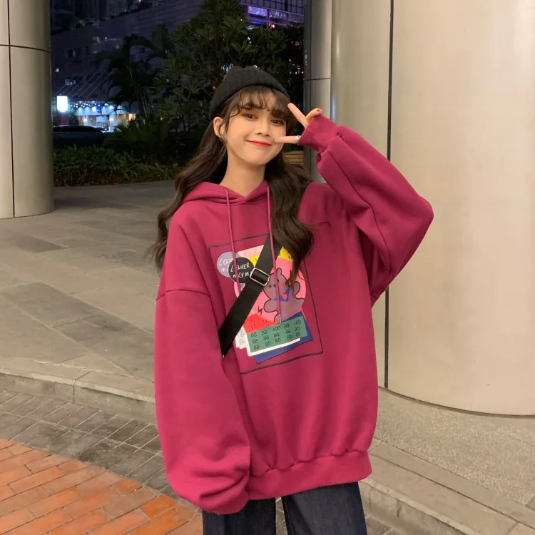 

XZ1045 2021 new plus velvet thick hooded loose mid-length bear print age-reducing long-sleeved Sweatshirts