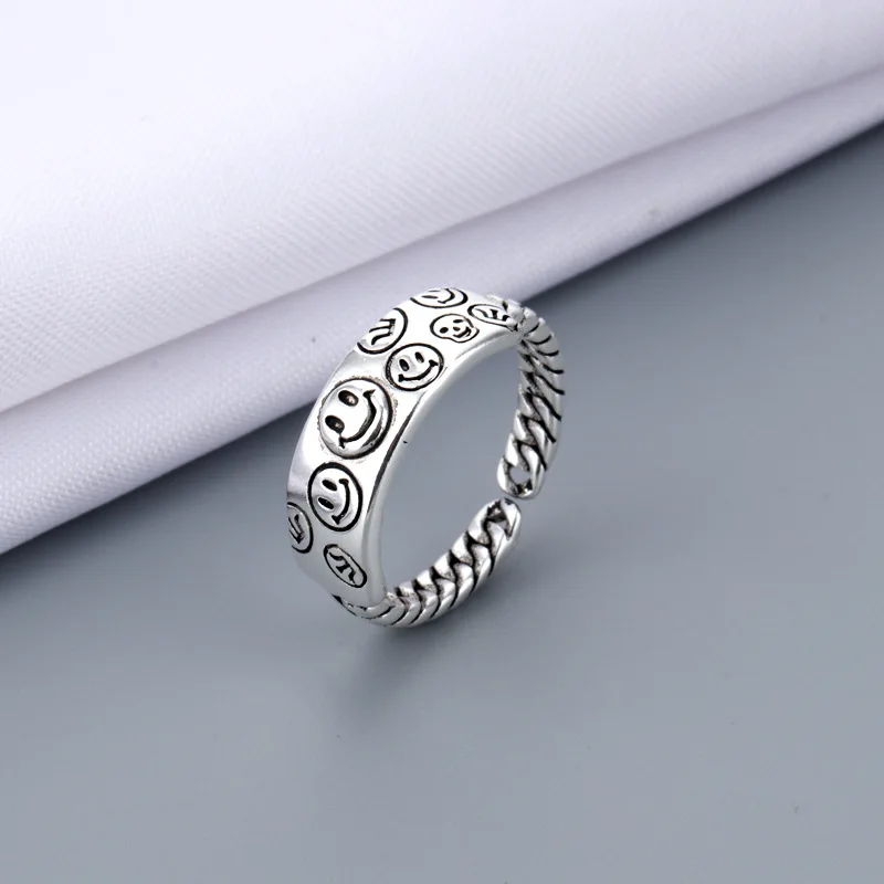 2021 Vintage Ancient Silver Color Happy Smiley Face Open Rings for Women Men Unisex Hip Hop Adjustable Punk Ring Fashion Jewelry