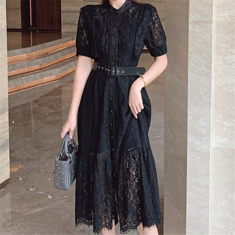 

Solid Black Woman Dress 2021 High Waist Lace Embroidery Runway Short Sleeve Single-Breasted Elegant Party Casual Dresses Women